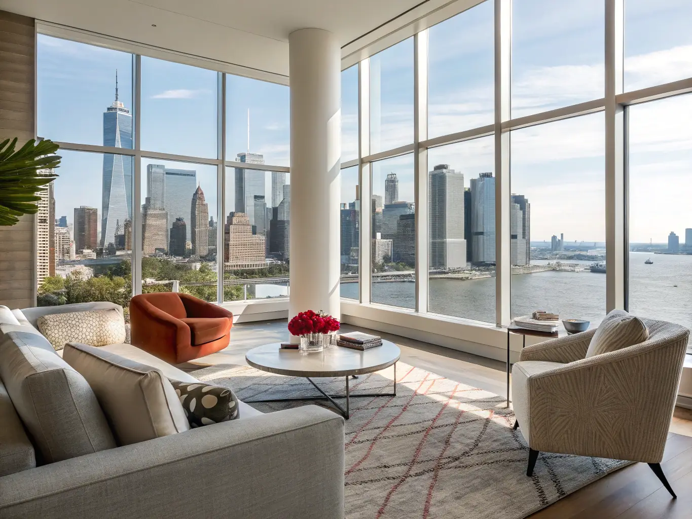 A sunlit, elegantly furnished living room in a luxury vacation home with floor-to-ceiling windows overlooking the Los Angeles skyline, styled with sage green and gold accents to match the website’s theme.