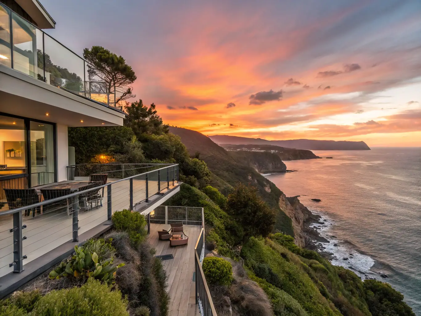 A sunset view from a private balcony of a waterfront villa in Marina Del Rey, featuring a cozy seating area, soft lighting, and a panoramic marina backdrop.